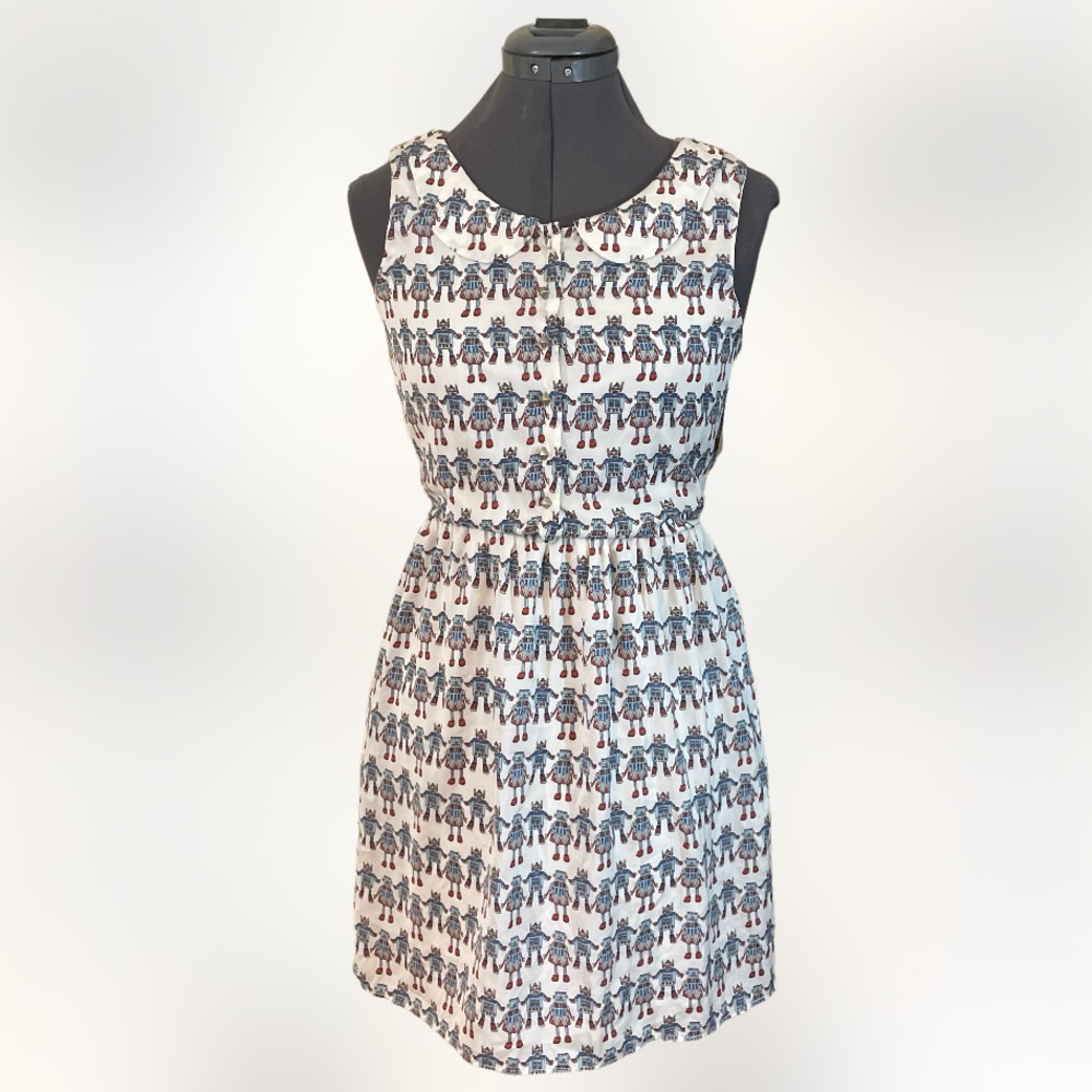 Zara Sleeveless Robot Print Peter Pan Collar Dress Size Small